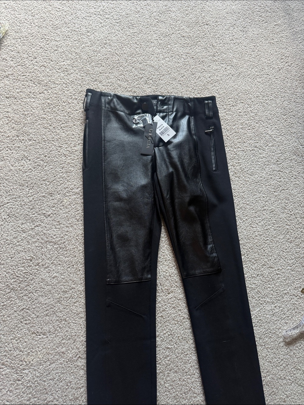 Gracia Black Pants with Faux-Leather Front Panels